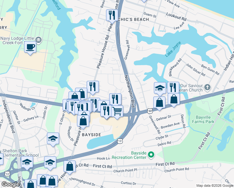 map of restaurants, bars, coffee shops, grocery stores, and more near 2206 Acorn Road in Virginia Beach