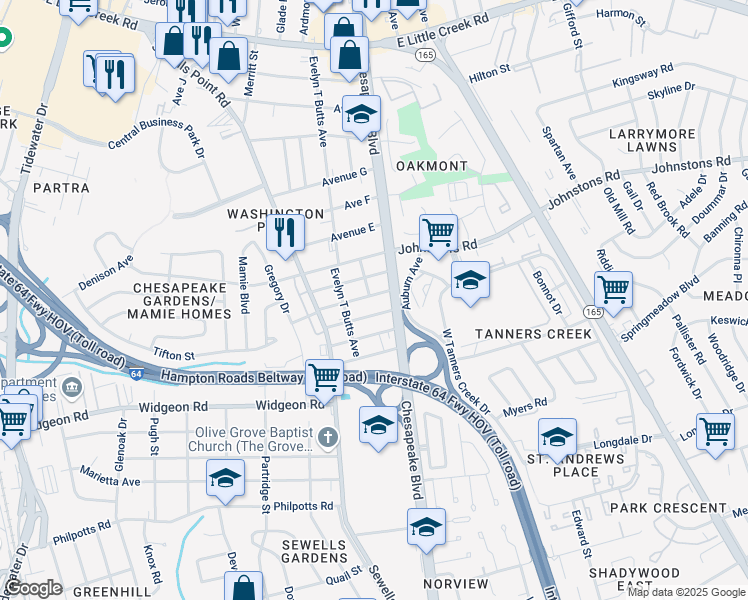map of restaurants, bars, coffee shops, grocery stores, and more near 1089 Kennedy Street in Norfolk