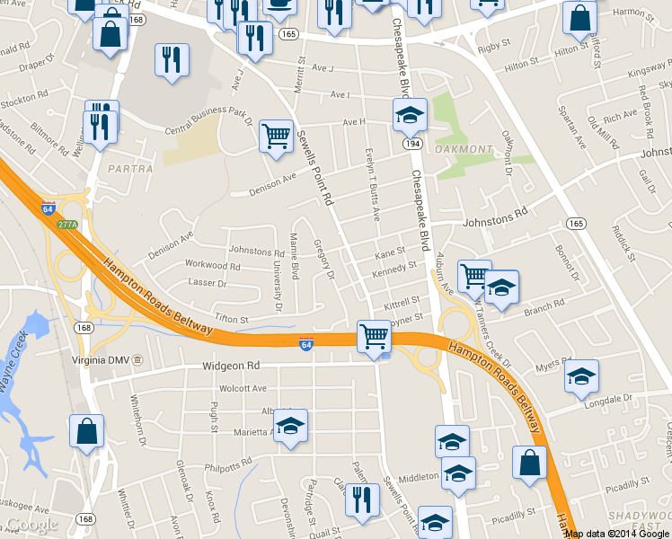 map of restaurants, bars, coffee shops, grocery stores, and more near 7041 Gregory Drive in Norfolk