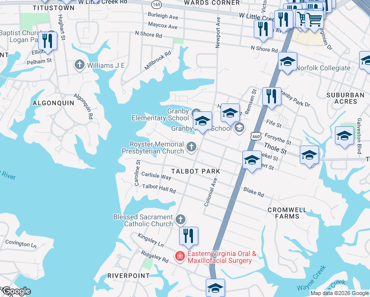 map of restaurants, bars, coffee shops, grocery stores, and more near 415 Brackenridge Avenue in Norfolk