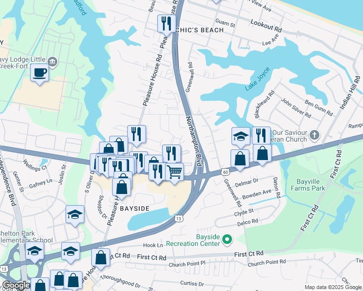 map of restaurants, bars, coffee shops, grocery stores, and more near 2206 Acorn Road in Virginia Beach