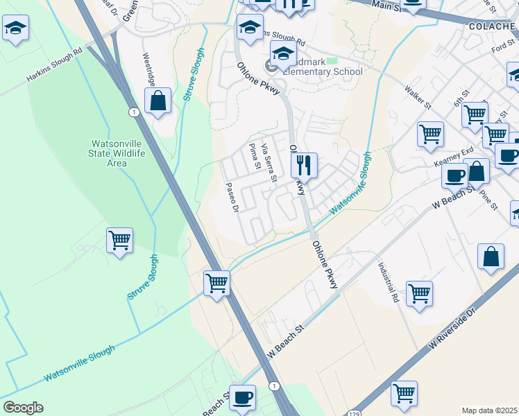 map of restaurants, bars, coffee shops, grocery stores, and more near 34 Villa Street in Watsonville