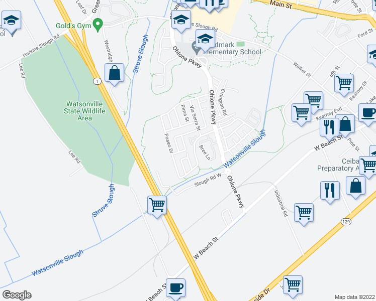 map of restaurants, bars, coffee shops, grocery stores, and more near 34 Villa Street in Watsonville