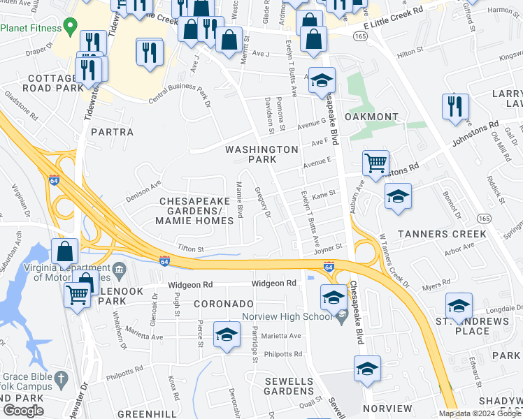map of restaurants, bars, coffee shops, grocery stores, and more near 7041 Gregory Drive in Norfolk