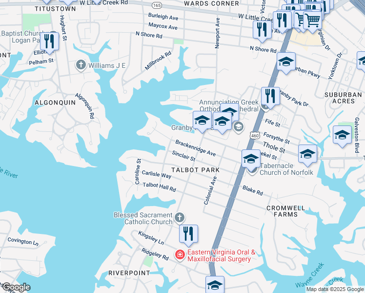 map of restaurants, bars, coffee shops, grocery stores, and more near 415 Brackenridge Avenue in Norfolk