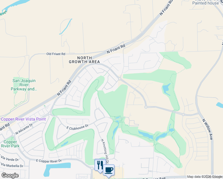 map of restaurants, bars, coffee shops, grocery stores, and more near 2140 East Clubhouse Drive in Fresno