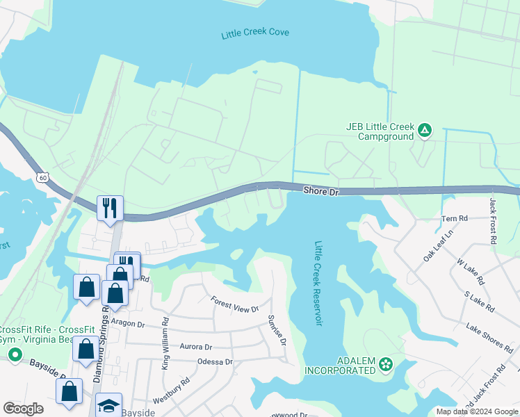 map of restaurants, bars, coffee shops, grocery stores, and more near 2109 Point Hollow Court in Virginia Beach