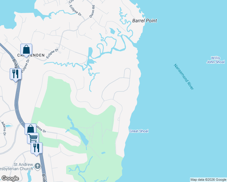 map of restaurants, bars, coffee shops, grocery stores, and more near 16 Serenity Lane in Suffolk