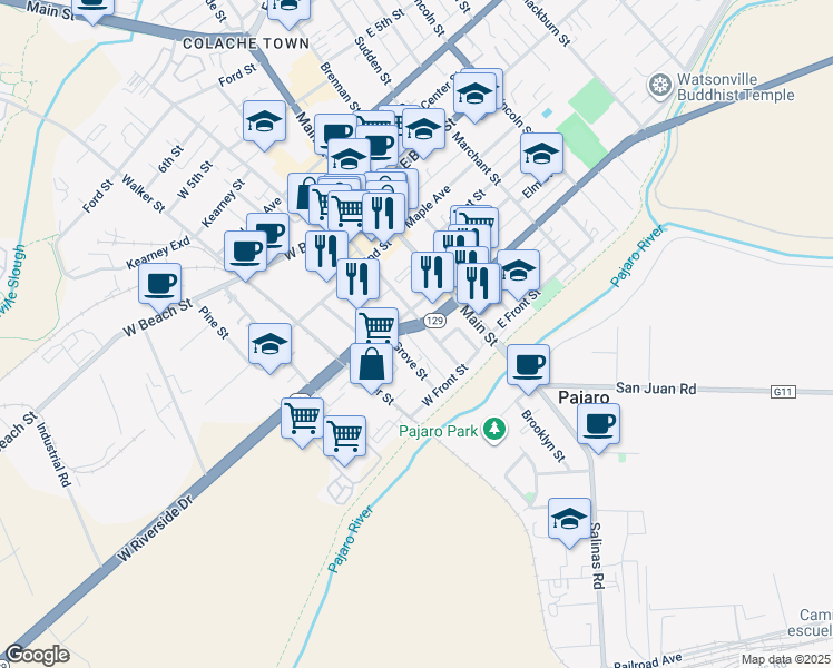 map of restaurants, bars, coffee shops, grocery stores, and more near 173 Rodriguez Street in Watsonville