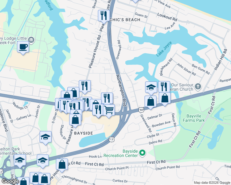 map of restaurants, bars, coffee shops, grocery stores, and more near 2206 Acorn Road in Virginia Beach