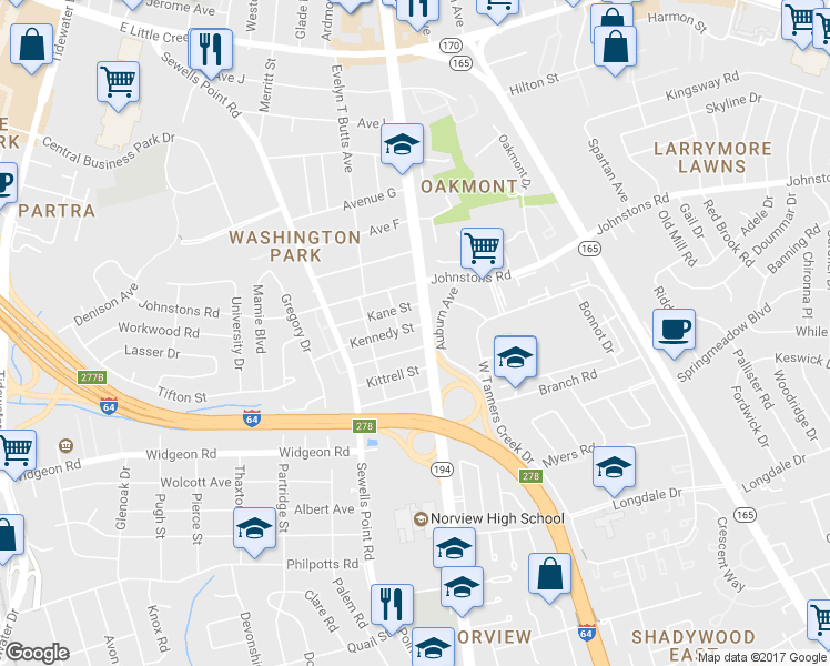 map of restaurants, bars, coffee shops, grocery stores, and more near 1089 Kennedy St in Norfolk