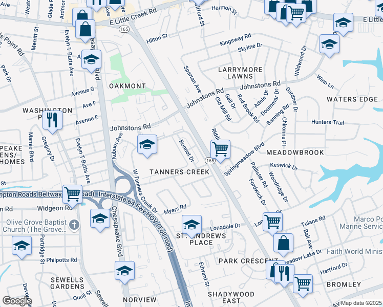 map of restaurants, bars, coffee shops, grocery stores, and more near 6930 Bonnot Drive in Norfolk