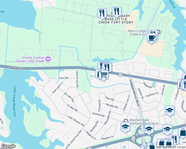 map of restaurants, bars, coffee shops, grocery stores, and more near 5105 Staples Mill Lane in Virginia Beach