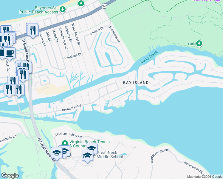 map of restaurants, bars, coffee shops, grocery stores, and more near 2540 Broad Bay Road in Virginia Beach