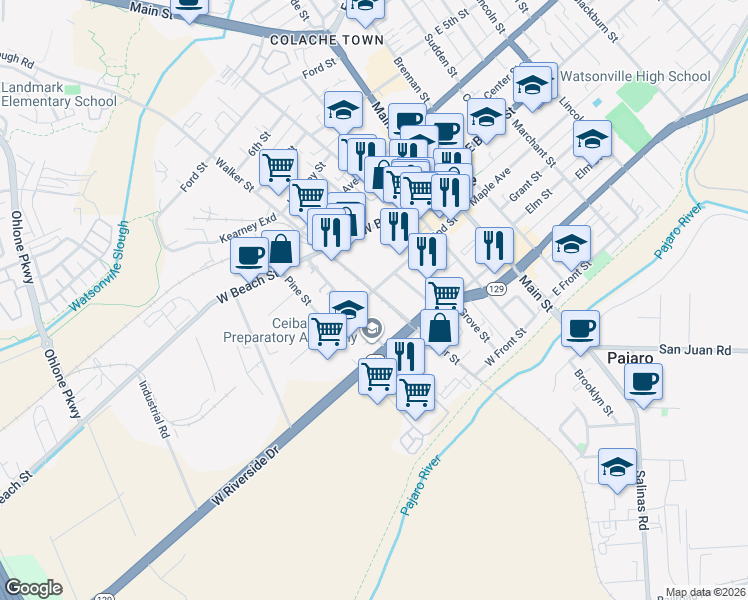 map of restaurants, bars, coffee shops, grocery stores, and more near 149 Walker St in Watsonville