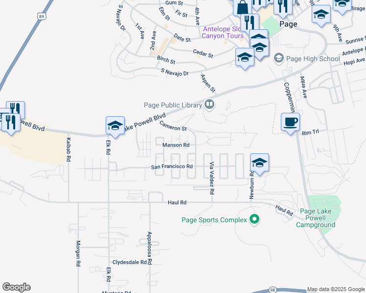 map of restaurants, bars, coffee shops, grocery stores, and more near 12 Manson Road in Page