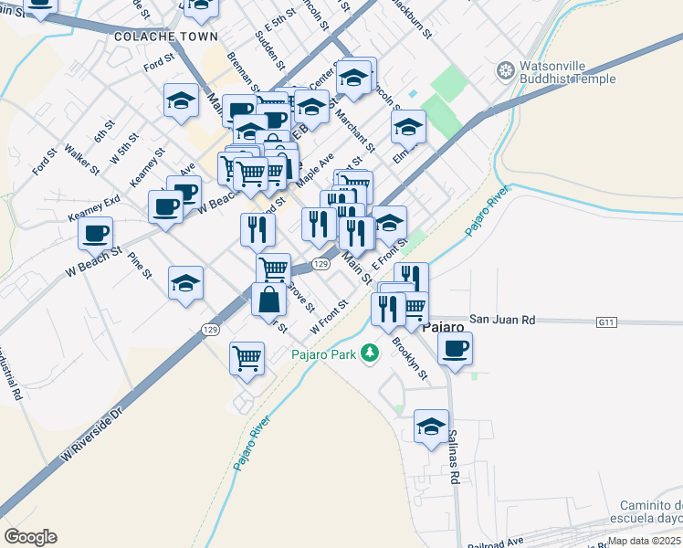 map of restaurants, bars, coffee shops, grocery stores, and more near 2 Ortega Drive in Watsonville