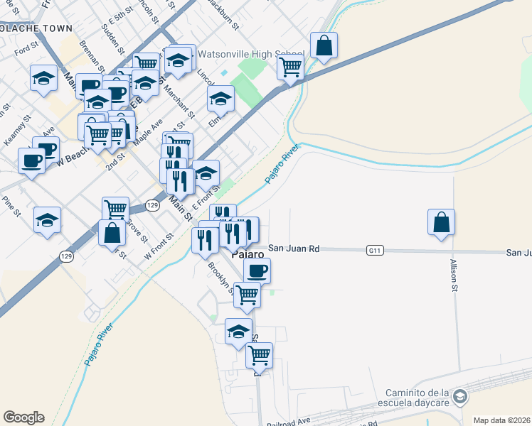 map of restaurants, bars, coffee shops, grocery stores, and more near 115 Gonda Street in Pajaro