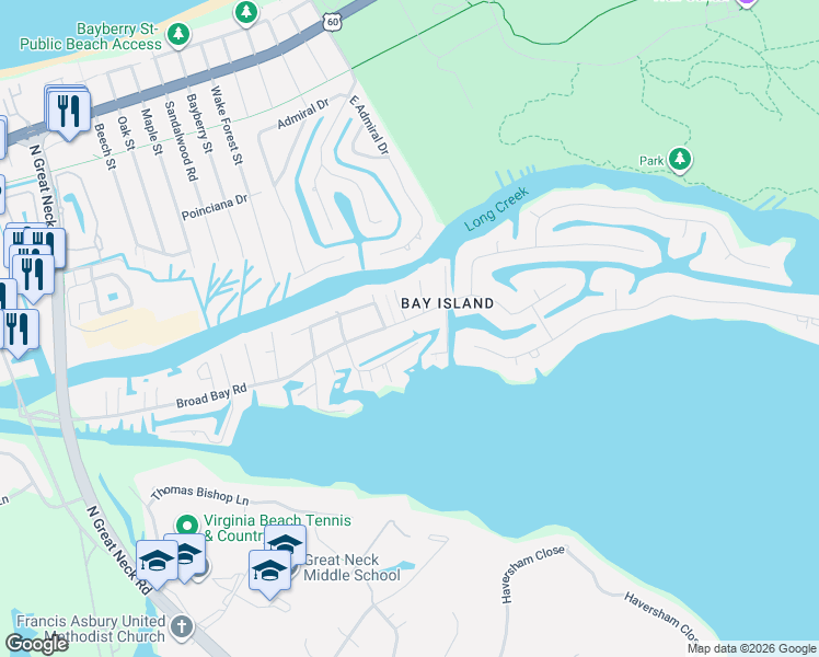 map of restaurants, bars, coffee shops, grocery stores, and more near 2509 Broad Bay Road in Virginia Beach