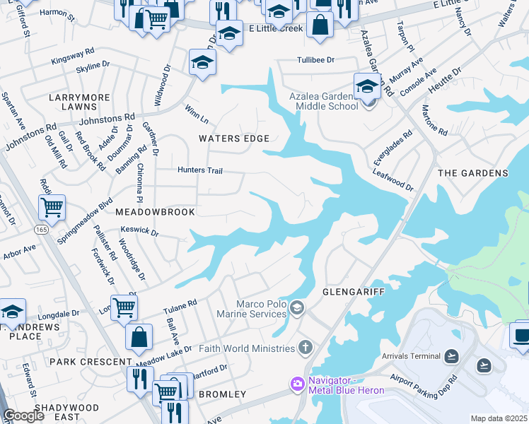 map of restaurants, bars, coffee shops, grocery stores, and more near 1960 Paddock Road in Norfolk