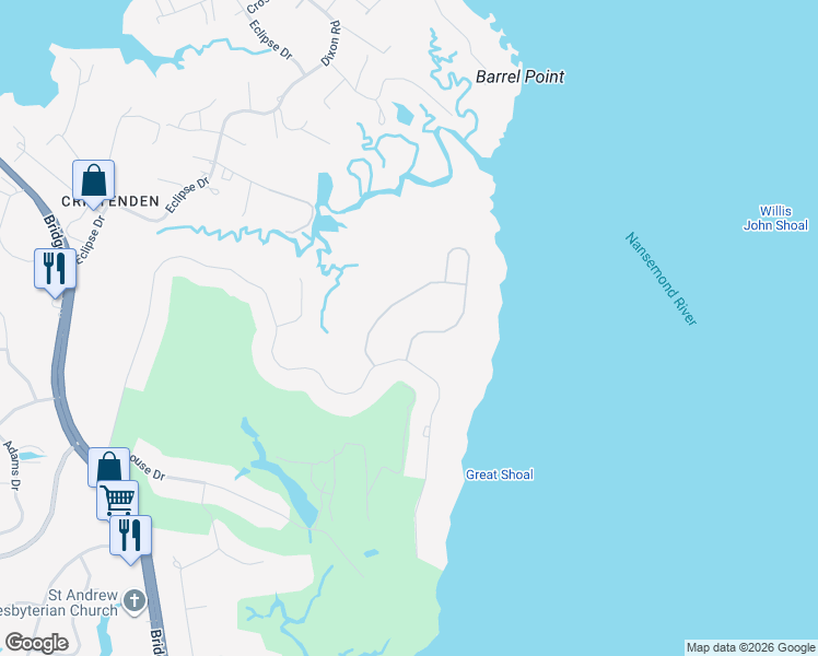 map of restaurants, bars, coffee shops, grocery stores, and more near 16 Serenity Lane in Suffolk
