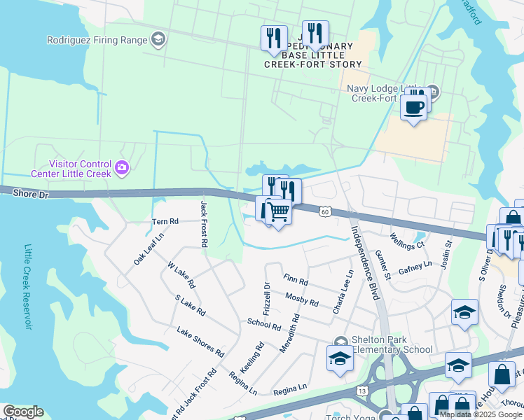 map of restaurants, bars, coffee shops, grocery stores, and more near 5004 Gatehouse Way in Virginia Beach