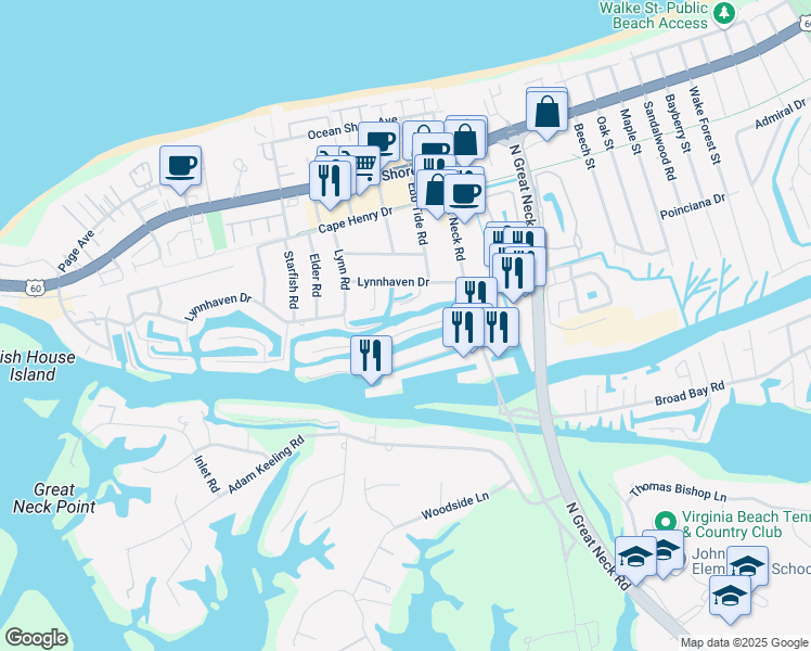 map of restaurants, bars, coffee shops, grocery stores, and more near 2920 Breezy Road in Virginia Beach