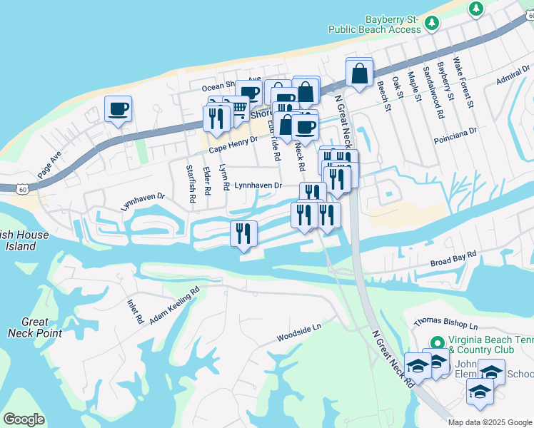 map of restaurants, bars, coffee shops, grocery stores, and more near 2920 Breezy Road in Virginia Beach
