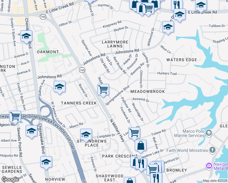 map of restaurants, bars, coffee shops, grocery stores, and more near 1600 Springmeadow Boulevard in Norfolk