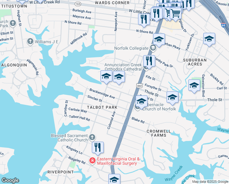 map of restaurants, bars, coffee shops, grocery stores, and more near 211 Oxford Street in Norfolk