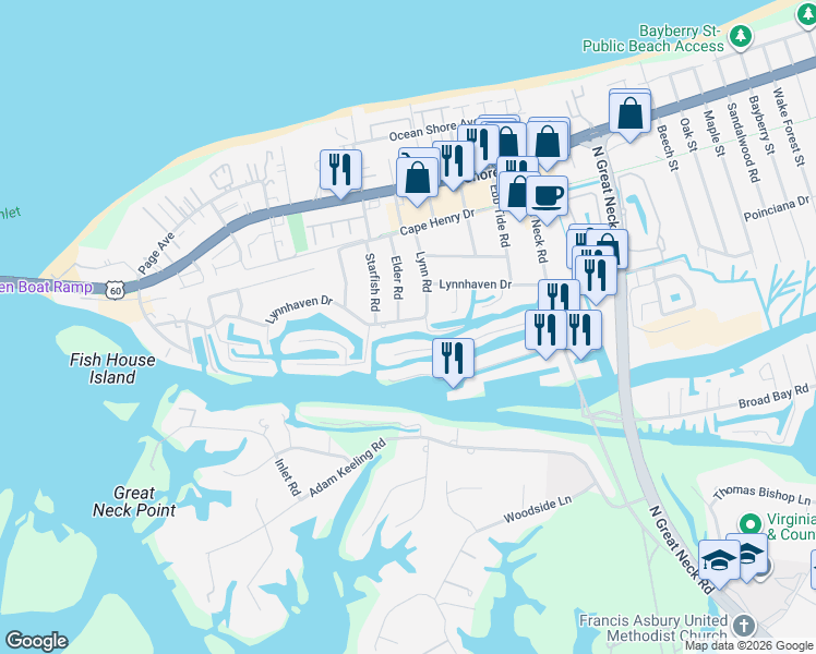 map of restaurants, bars, coffee shops, grocery stores, and more near 3003 Lynnhaven Drive in Virginia Beach