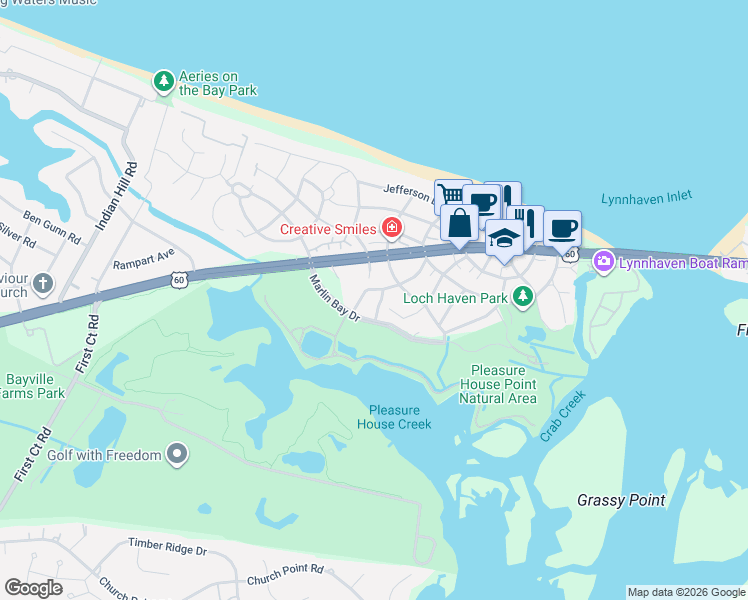 map of restaurants, bars, coffee shops, grocery stores, and more near 2114 Whispering Sand Lane in Virginia Beach