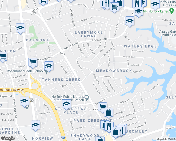 map of restaurants, bars, coffee shops, grocery stores, and more near 1600 Springmeadow Boulevard in Norfolk
