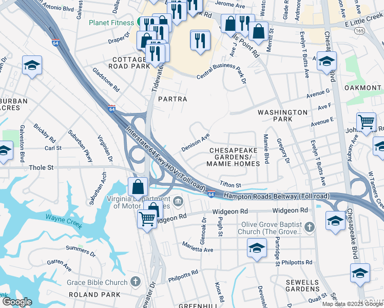 map of restaurants, bars, coffee shops, grocery stores, and more near 833 Workwood Road in Norfolk