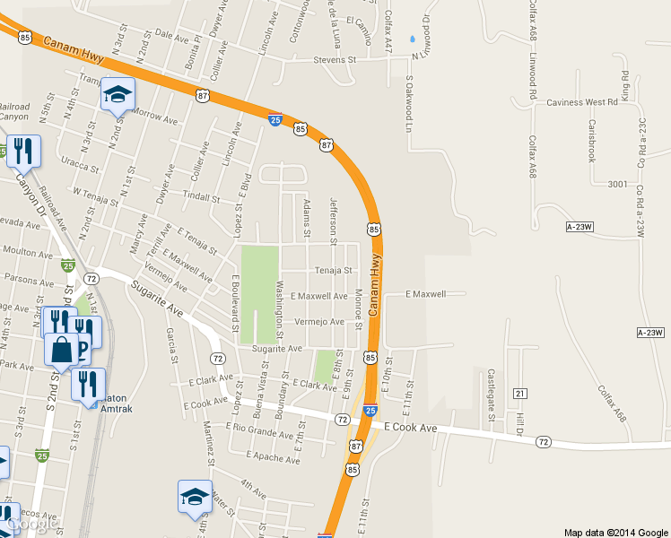 map of restaurants, bars, coffee shops, grocery stores, and more near Tenaja Street in Raton