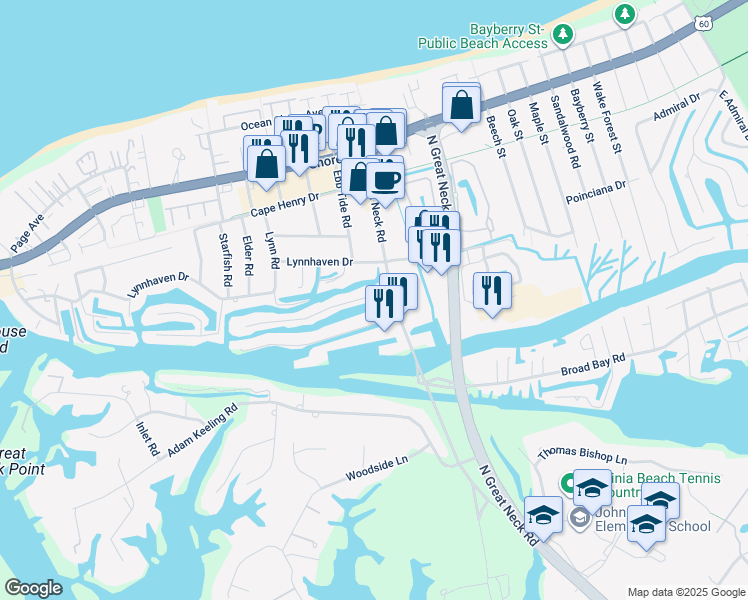 map of restaurants, bars, coffee shops, grocery stores, and more near 2905 Breezy Road in Virginia Beach