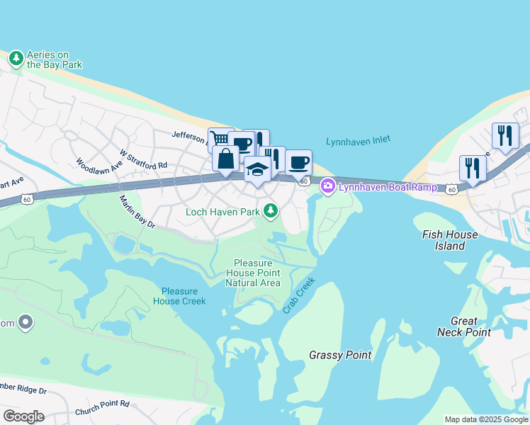 map of restaurants, bars, coffee shops, grocery stores, and more near 3652 East Stratford Road in Virginia Beach