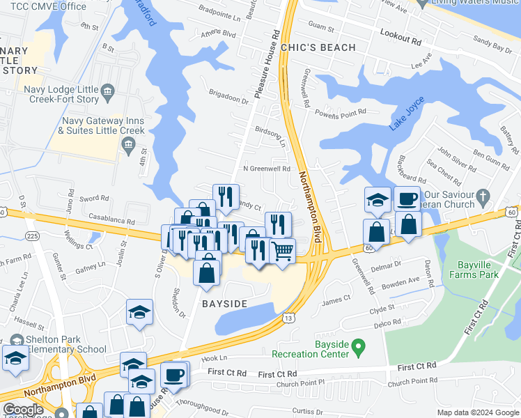 map of restaurants, bars, coffee shops, grocery stores, and more near 3768 Candy Court in Virginia Beach