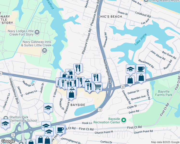 map of restaurants, bars, coffee shops, grocery stores, and more near 3777 Candy Court in Virginia Beach