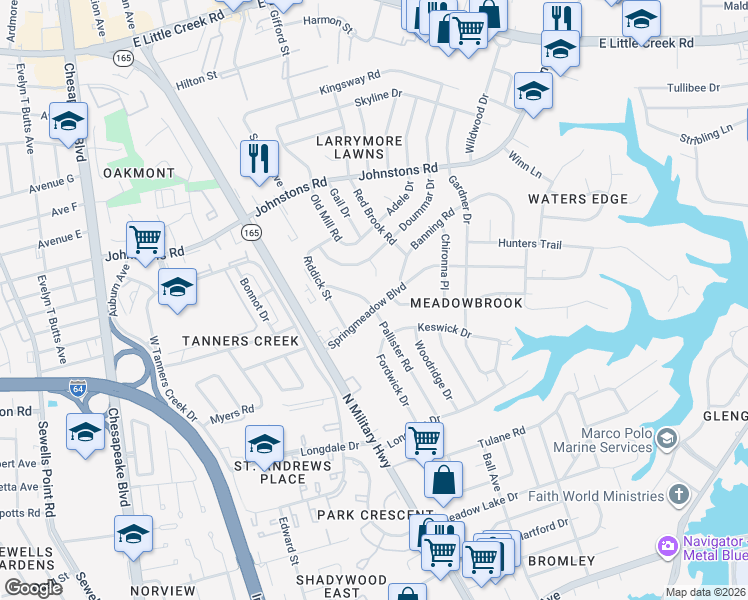 map of restaurants, bars, coffee shops, grocery stores, and more near 1600 Springmeadow Boulevard in Norfolk