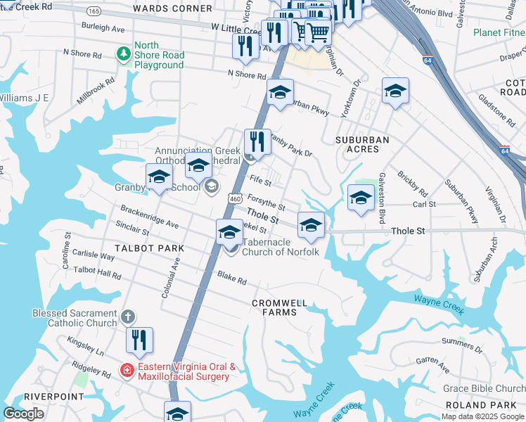 map of restaurants, bars, coffee shops, grocery stores, and more near 115 Thole Street in Norfolk