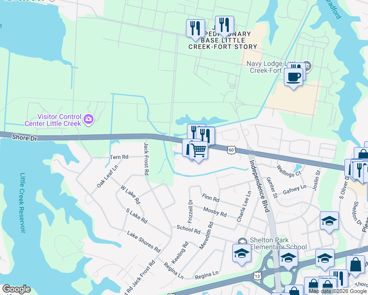 map of restaurants, bars, coffee shops, grocery stores, and more near 5032 Gatehouse Way in Virginia Beach