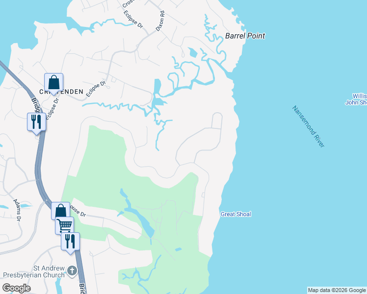 map of restaurants, bars, coffee shops, grocery stores, and more near 16 Serenity Lane in Suffolk