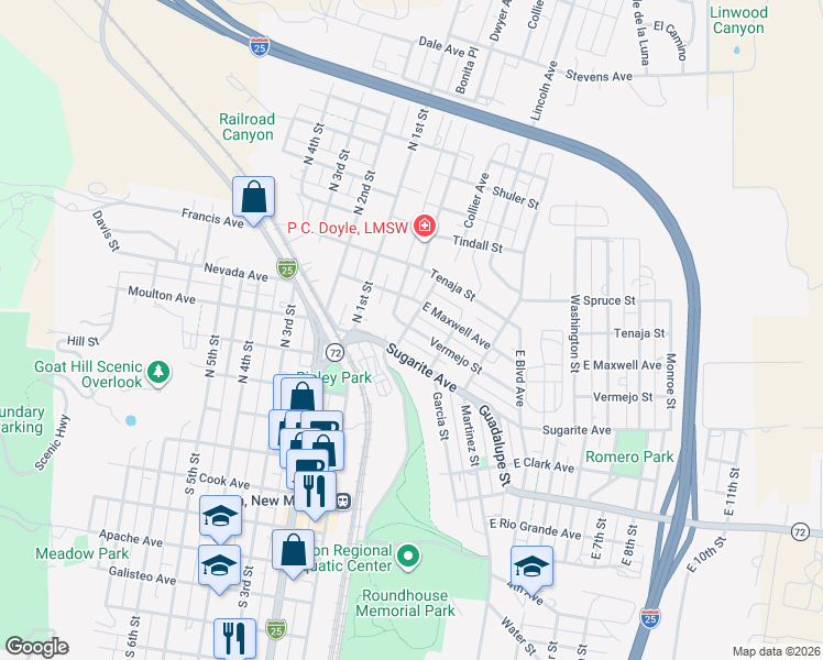 map of restaurants, bars, coffee shops, grocery stores, and more near 201 Vermejo Street in Raton