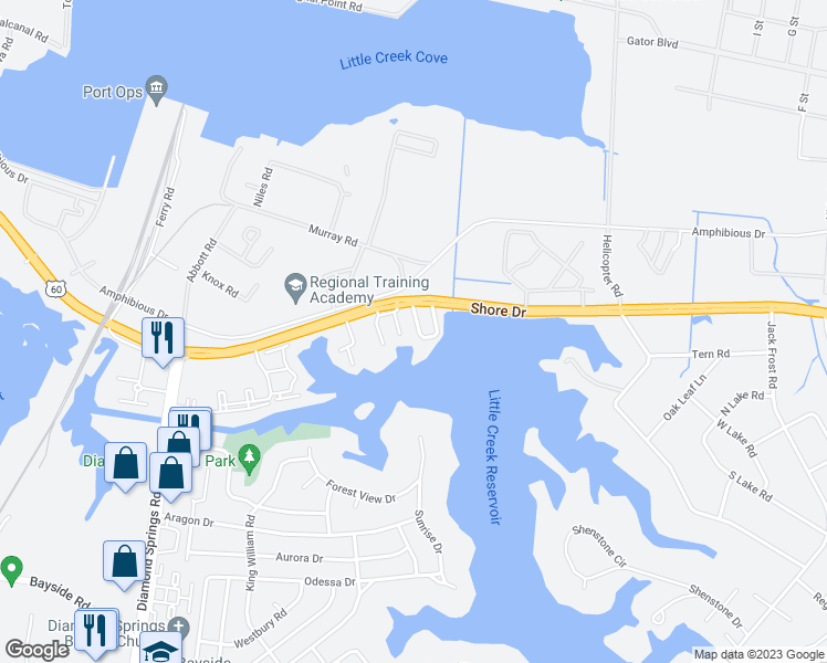 map of restaurants, bars, coffee shops, grocery stores, and more near 2136 Kimball Circle in Virginia Beach