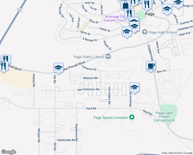 map of restaurants, bars, coffee shops, grocery stores, and more near 12 Manson Road in Page