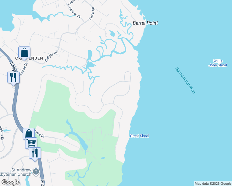 map of restaurants, bars, coffee shops, grocery stores, and more near 9100-9104 River Crescent in Suffolk