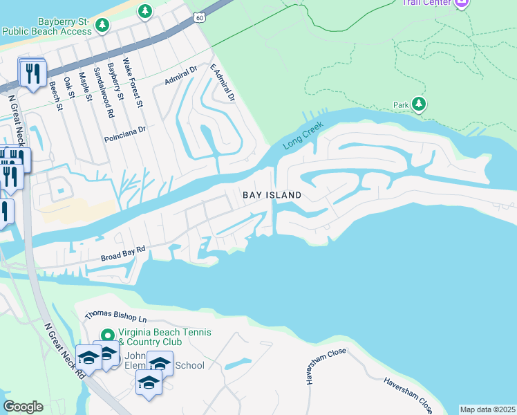 map of restaurants, bars, coffee shops, grocery stores, and more near 2509 Broad Bay Rd in Virginia Beach