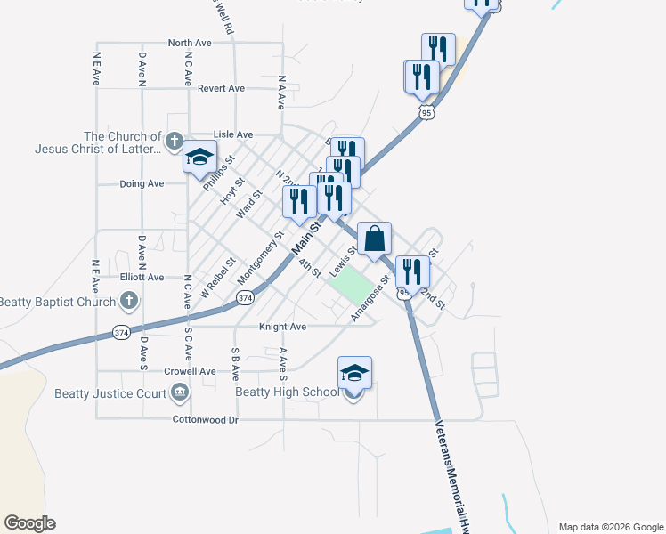 map of restaurants, bars, coffee shops, grocery stores, and more near 301 3rd Street in Beatty