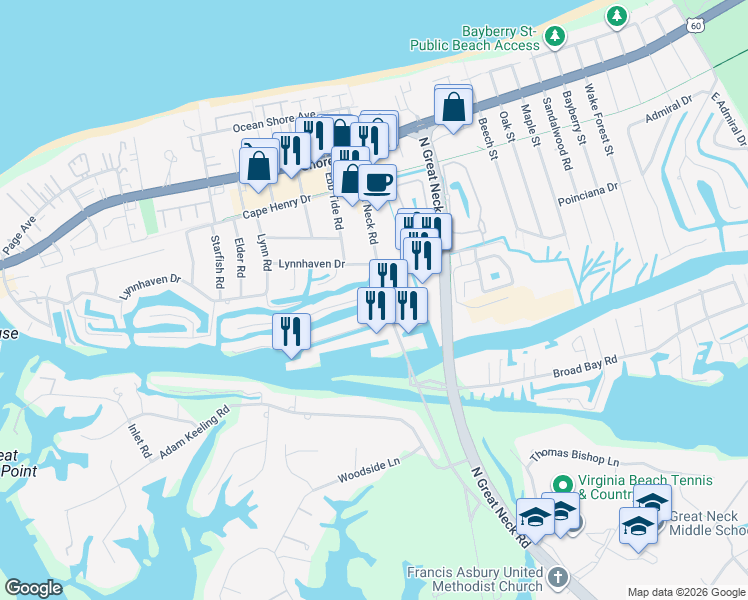 map of restaurants, bars, coffee shops, grocery stores, and more near 2905 Breezy Road in Virginia Beach
